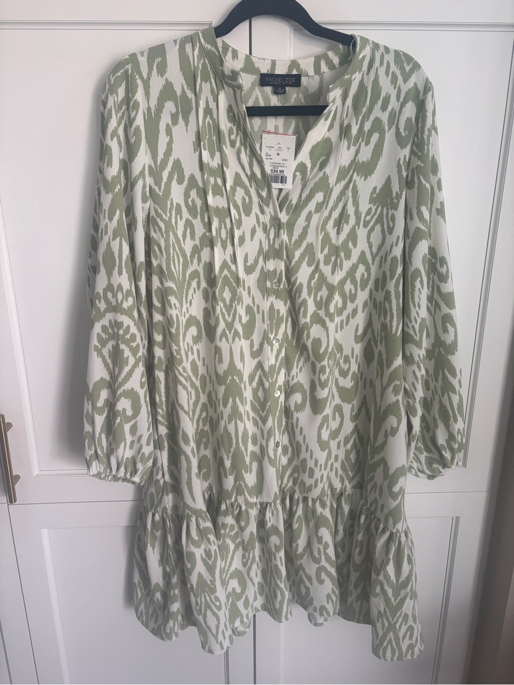 Rachel Zoe White and Sage Green Printed Peasant Dress